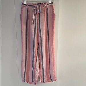 LOFT Pink & Peach Striped Wide Leg Linen Pants with Belt & Pockets
